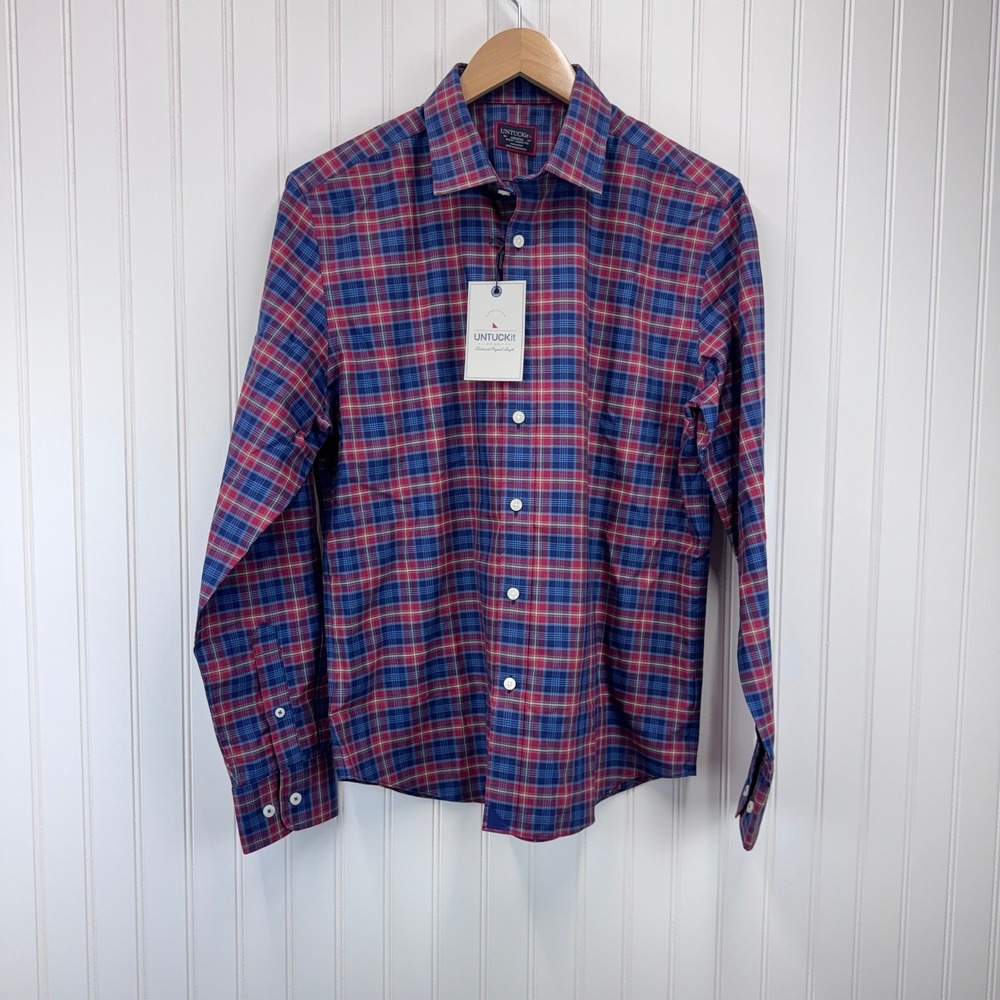 UNTUCKit Arnaldo Button Down Men Medium Red Blue Plaid Slim Fit Wrinkle Free New